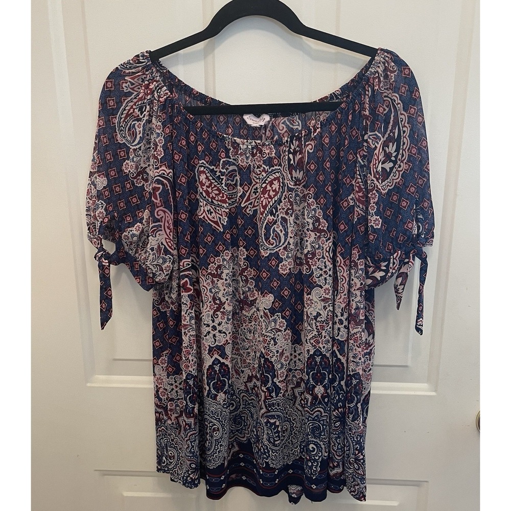 Siren‎ Lily Sheer Blue Paisley Peasant Blouse Top Puff Short Sleeves Womens 1X